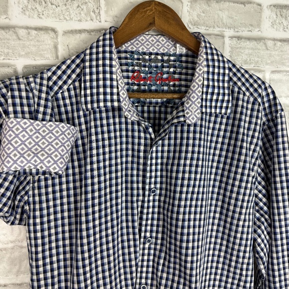 Robert Graham Designer Tri-Blue Plaid Flip Cuff Button Up Dress Shirt Mens XL - Picture 1 of 8